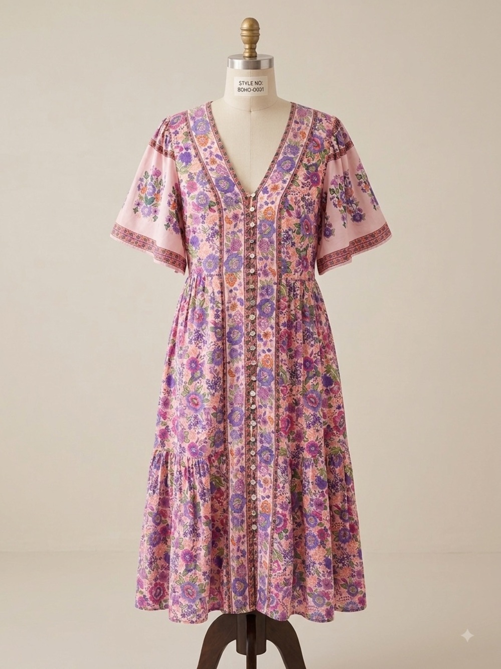 In bloom bohemian hippie flowy peachy pink floral midi dress
